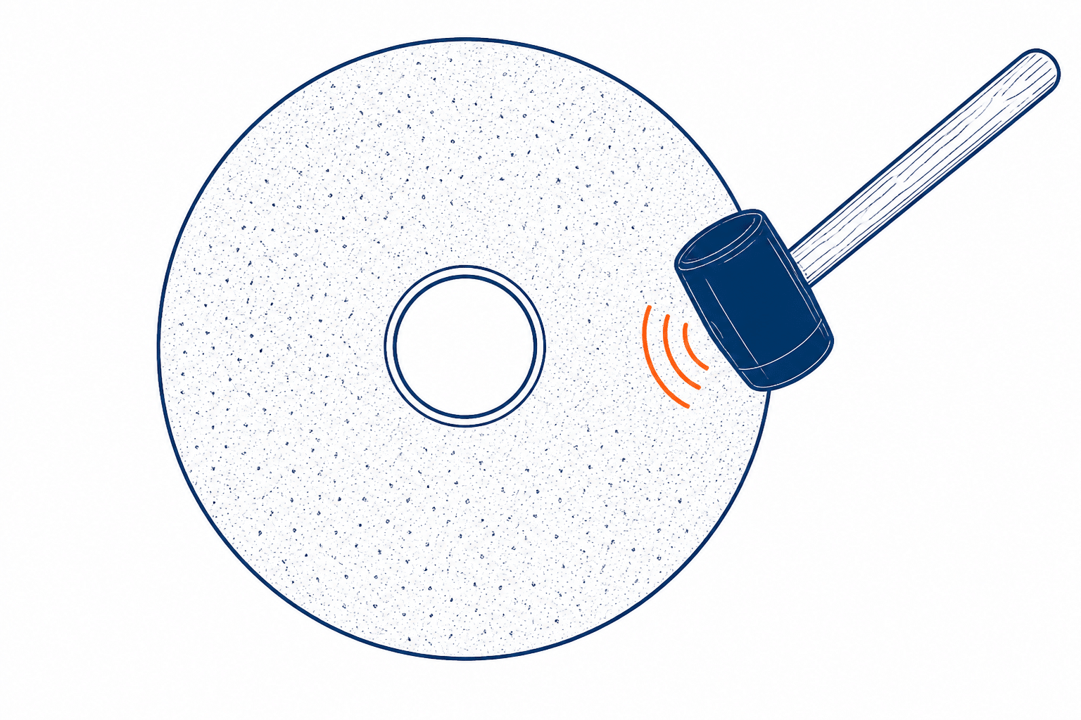 ภาพลายเส้นการทำ Ring Test โดยใช้ฆ้อนยางเคาะที่ผิวด้านเรียบของหินเจียร